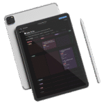 Produto digital de planejamento semanal exibido em tablet com caneta stylus ao lado.